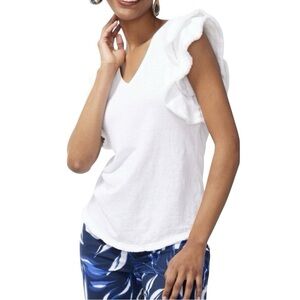 Chico’s Linen Blend V-Neck Elegant White Ruffle Flutter Sleeve Top XL